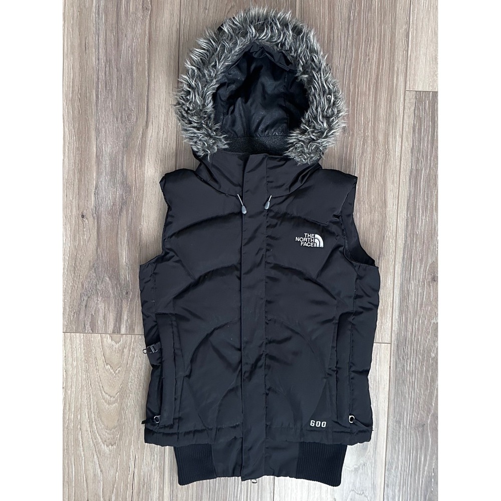 North Face Prodigy 600 Down Puffer Vest Black Faux Fur Hood Womens XS Gorpcore